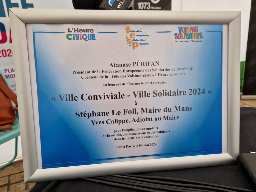 Journée de la Solidarité 2024 diplôme Le Mans Ville Solidaire