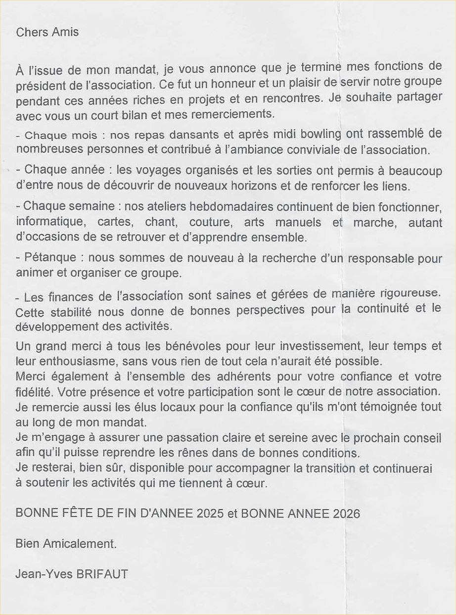 Club André Poigny - Le Mans - Dernier mot du Président et voeux 2026